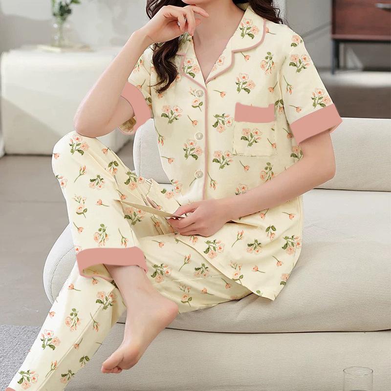Green women's thin pajamas, spring and autumn short-sleeved trousers, two-piece set, summer mother's clothing, loungewear can be worn outside