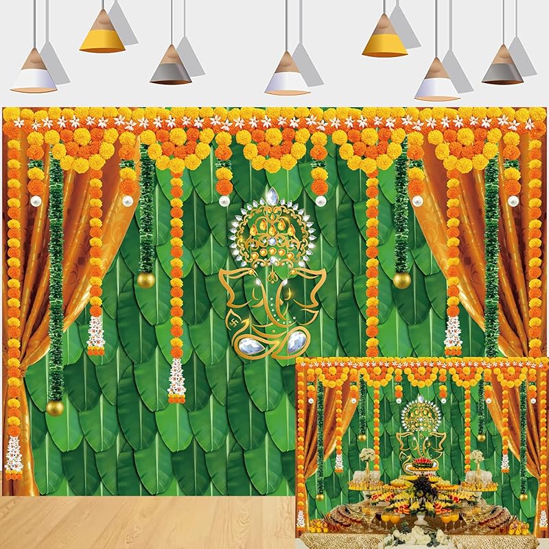Indian Pooja Traditional Backdrop Diwali Ganpati Ganesh Marigold Puja Photography Background Green Banana Leaves Adult Religious Service Weeding