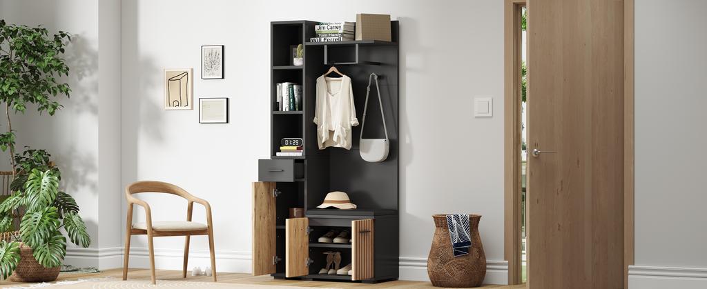 Armadio Compatto 80*35*175cm, Mobiletto Portaoggetti con 2 Ganci Appendiabiti, Mobiletto da Ingresso, Appendiabiti con Panca per Scarpe, Armadietto Imbottito, Colore Nero + Legno