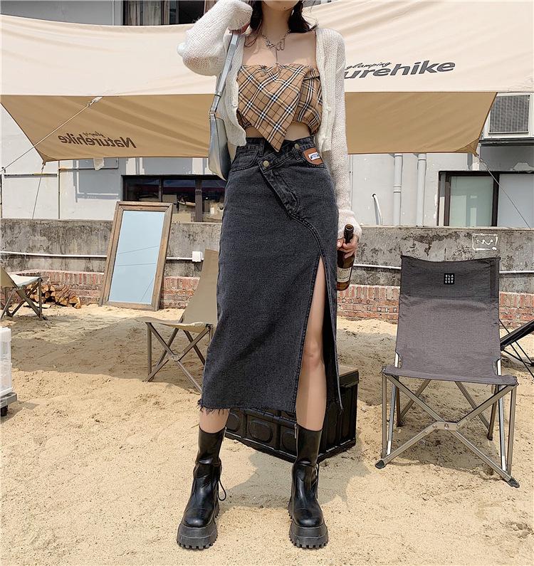 

Женская джинсовая миди-юбка больших размеров с высоким поясом и разрезом - Новый осенний А-силуэт, стройнящий дизайн 3XL (153-168 jin) черный серый