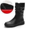 Fashion Women Boots Autumn Winter Plush Warm Mid Calf Boots Round Toe Zipper Pleated Thick Bottom Leather Cotton Boots