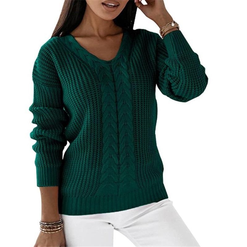 DAFIFY Women's Fashion Casual Fall Winter Solid Color Print Long Sleeve V-Neck Sweaters