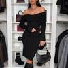 Elegant Off Shoulder Solid Slim Hip Wrap Dress Women Sexy Cross Long Sleeve Long Dress Fashion Hight Waist Draped Party Dresses