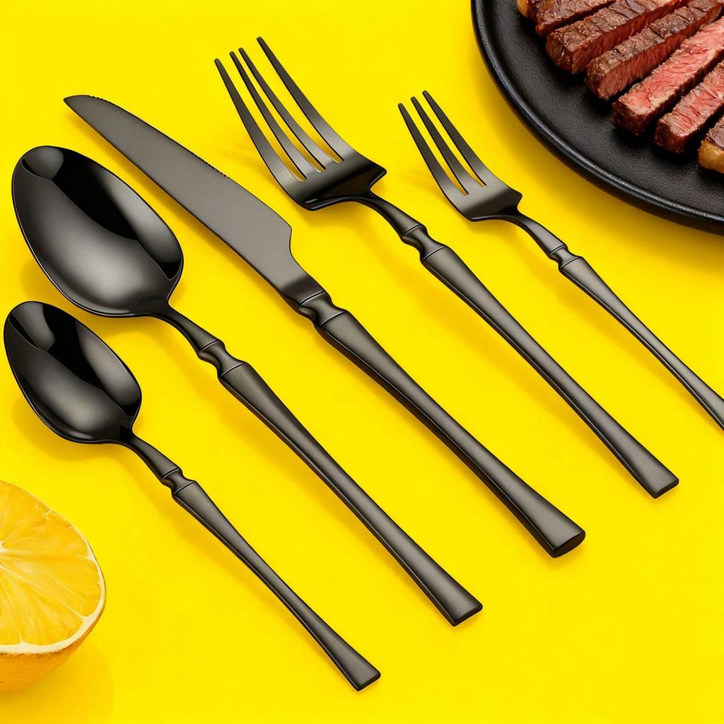 Gold 24-Piece Stainless Steel Cutlery Set: Elegant Steak Knife, Fork, and Spoon for Western Cuisine.