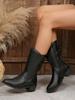 Sexy Solid Black Pu Mid Calf Riding Boots Women  Winter Medium Heel Side Zip Western Booties Lace Bowknot Decoration Boots