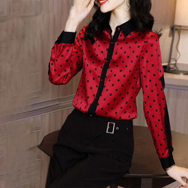 Office Lady Polo-Neck Vintage Polka Dot Shirt Spring Commute Female Button Long Sleeve Spliced Blouse Stylish Women's Clothing
