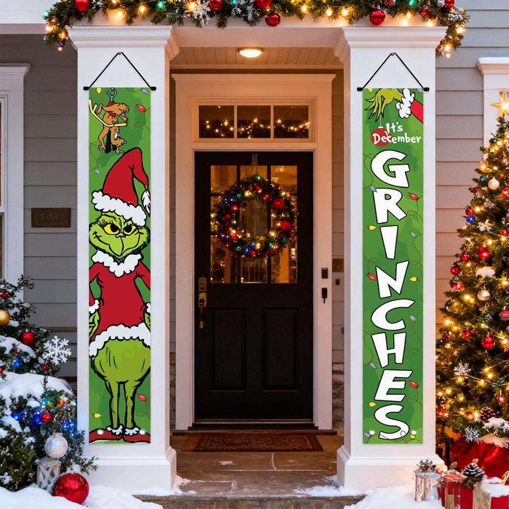 New Arrival! 30*180cm Christmas GreenGhost Couplets - Polyester,Durable& Eye-catching Design for Home & Cafe Decoration.