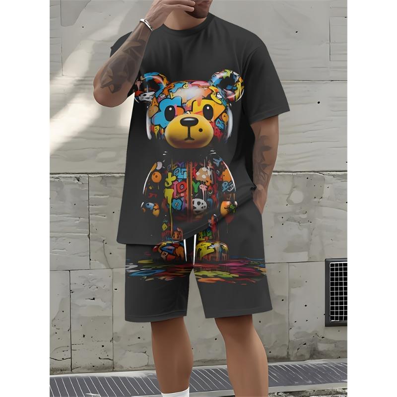 Summer New Letter Print Men's Suit Fashion Short Sleeve Shorts Suit Outdoor Street Men's Sports Shorts Daily Casual Pants