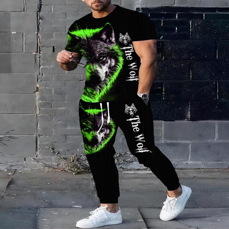 Men's 3D printed animal wolf head pattern short-sleeved round neck T-shirt summer clothing set