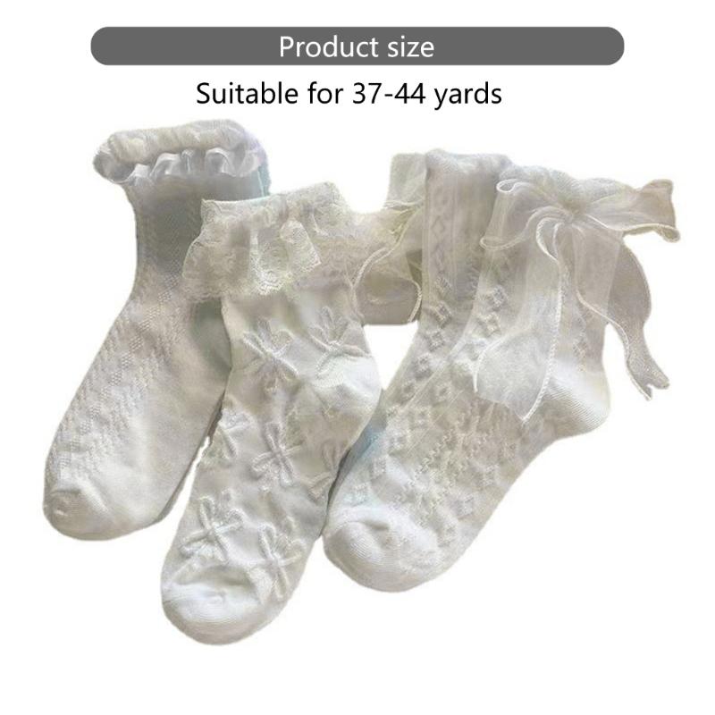 Lace Trim Bowknot Detail Ankle Socks 6 Pairs Thin Summer Middle Calf Socks for Japanese Styles Students Daily Wear