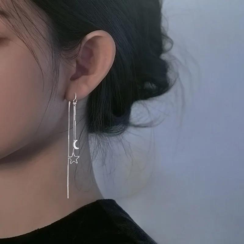 Real  Sterling Silver Long Tassel Hollow Stars Moon Drop Earrings for Women Cute Fine  Light Luxury Accessories