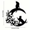 Metal Wall Art Black Cat Crescent Flower Silhouette Durable Indoor Outdoor Home Decor Gift for Cat Lovers
