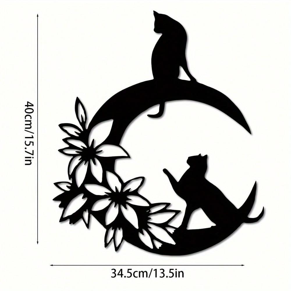 Metal Wall Art Black Cat Crescent Flower Silhouette Durable Indoor Outdoor Home Decor Gift for Cat Lovers