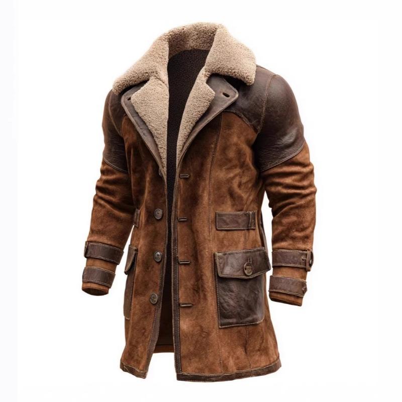 Mens Vintage Patchwork Suede Fleece Lined Thick Long Winter Jacket Coat
