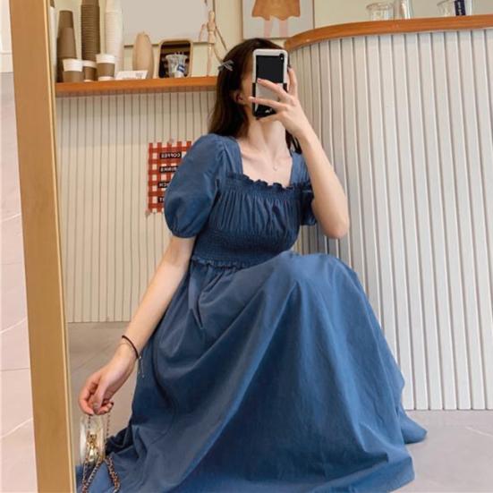 Women Summer Dress Square Neck Bubble Sleeve Pleated Shirring Elastic Bust Short Sleeve A-line Loose Hem Vintage Mic-calf Length Midi Dress