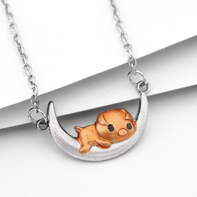 Fashion Simple Cute Creative Piglet Moon Pendant Personality Trend Punk Style Necklace Jewelry Holiday Gift