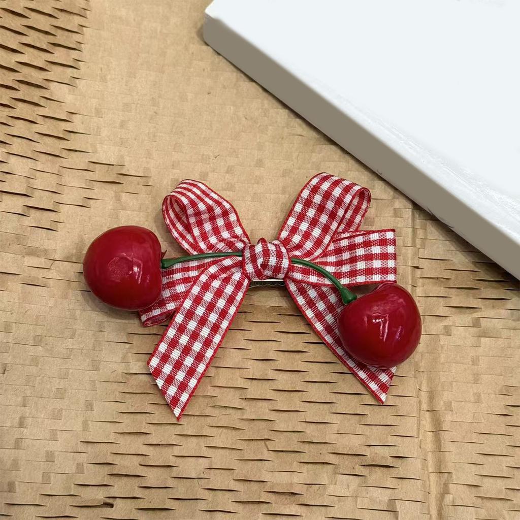 2Pieces Plaid Hair Bows Cherry Pendant Hair Accessories Slip Resistant Side Hairpin for Girls School Event Outfit