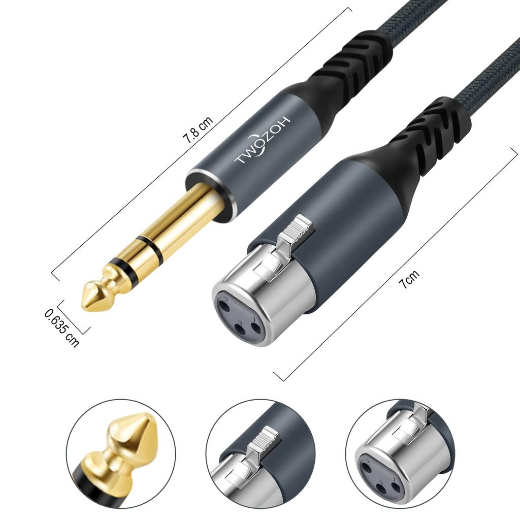 Twozoh XLR Female to TRS Pack of Braided Stereo Jack to XLR Microphone Cable 1/4" (6.35mm) Cable, 2M, 2, Quarter-Inch (Professional/Hifi)