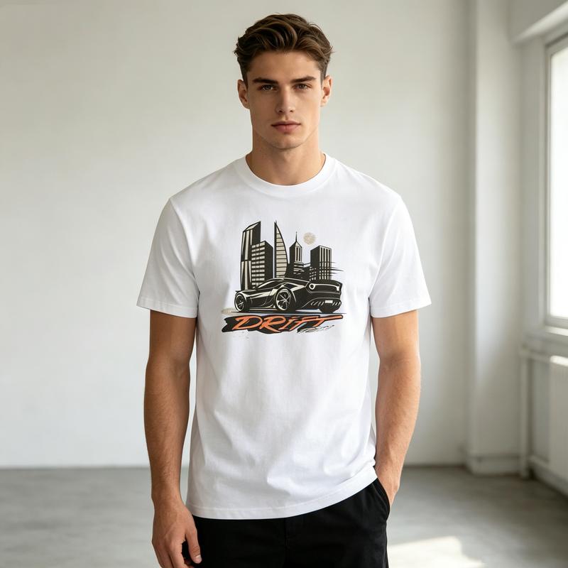 Drift Car Graphic T Shirt Urban City Skyline Print Unisex Soft Cotton Crew Neck Short Sleeve Trendy Casual Tops