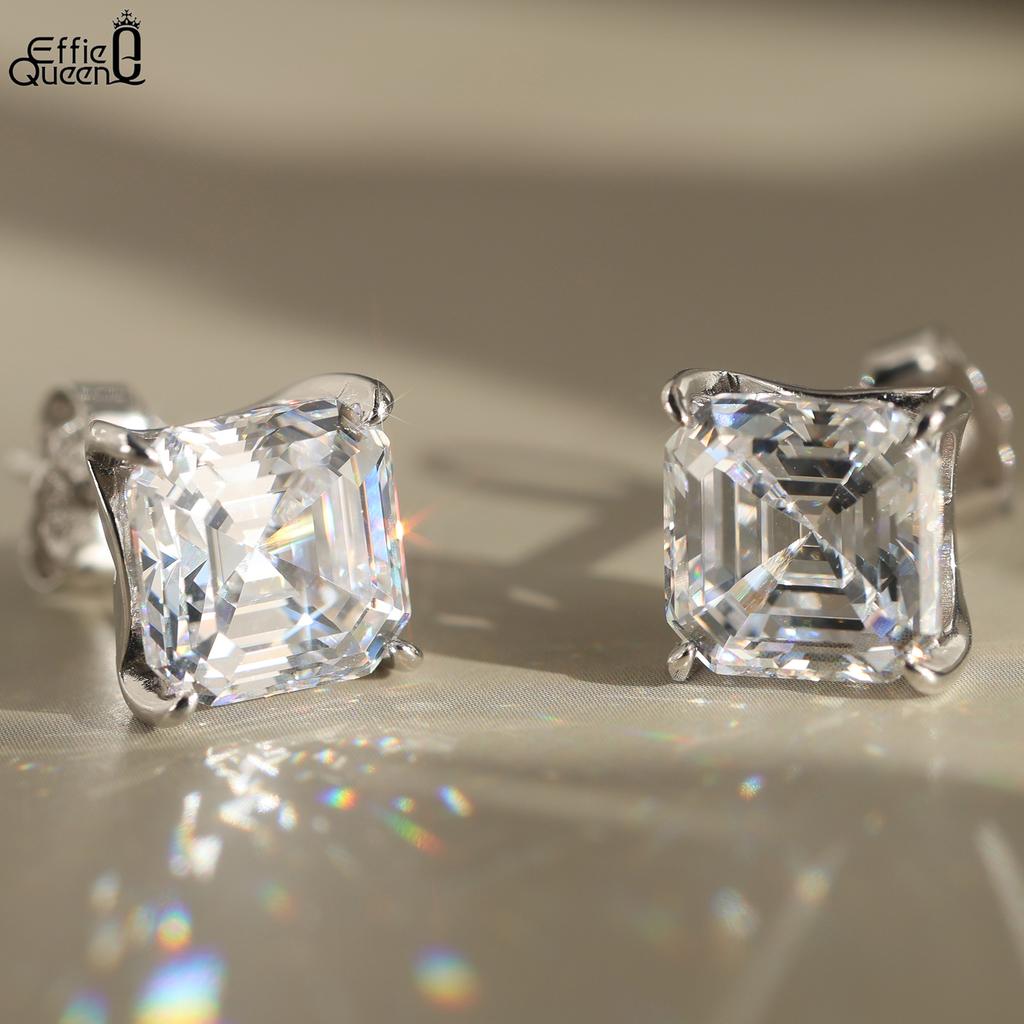 Effie Queen Genuine 925 Silver 14k Gold Square Cut Zirconia Stud Earrings 1/2/3/4CT Simple Jewelry for Women Men Fine Gift LZE19