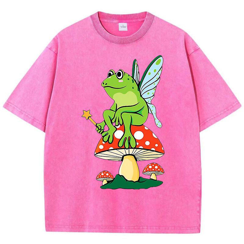 Frosch FeeCore Pilz Druck Damen Gewaschenes T-Shirt Baumwolle Lässig T-Shirt Locker Hip Hop Kurzarm Vintage Kleidung