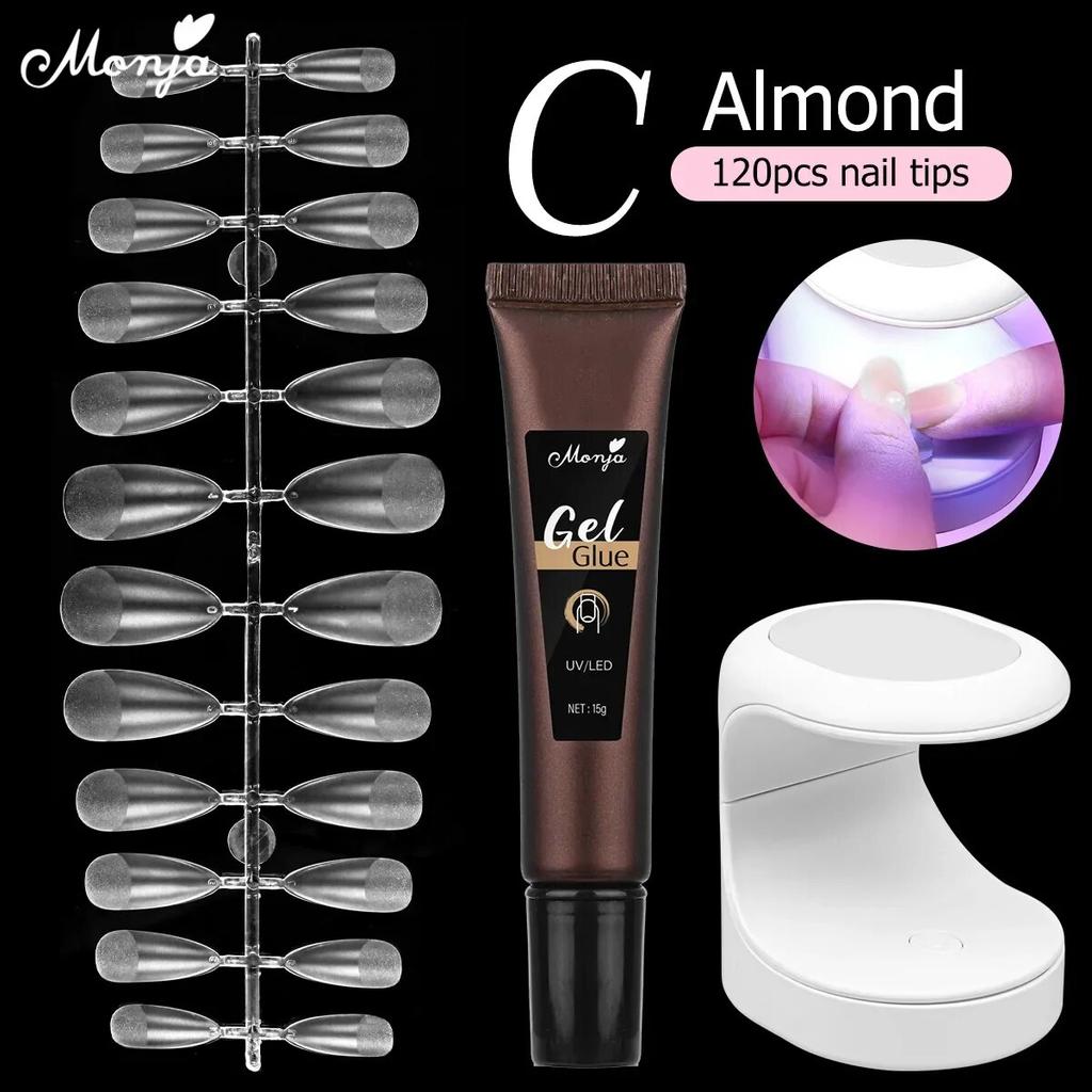 monja Kit di estensione per unghie in acrilico da 3 pezzi, lampada essiccante a LED da 6 W, colla per gel UV da 15 g, adesivo per punte finte a mandorla, quadrate opache e lunghe