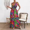 Rochie Maxi Europeană și Americană cu Imprimeu Curcubeu Tie-Dye Fără Spate