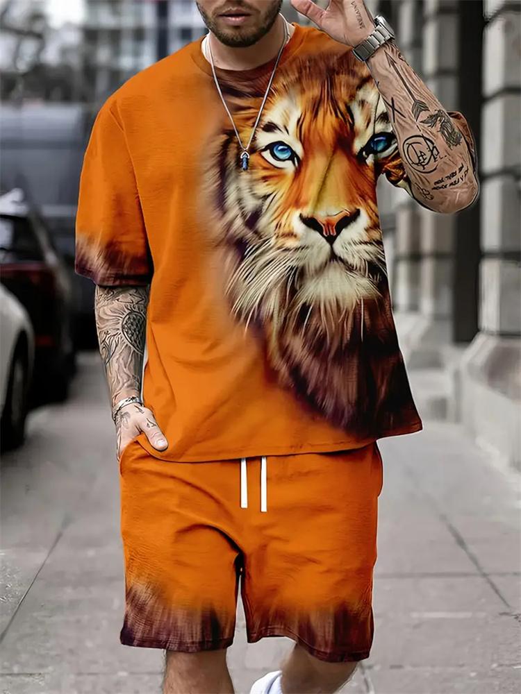 2024 New Summer Fashion Animal Print Suit Black and White Tiger 3D Pattern Outdoor Street Shooting Sportswear Men's Casual Wear