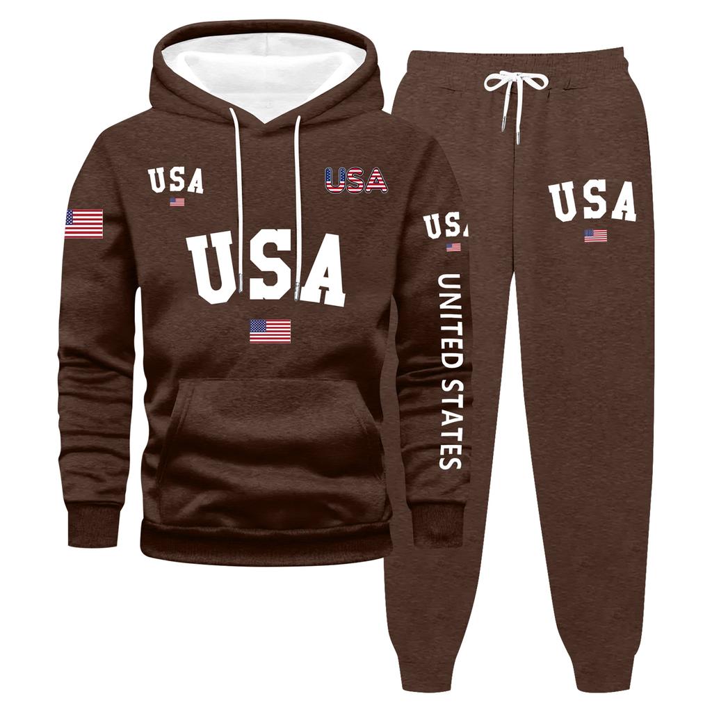 Men's Large Size Solid Color Printed Sweatshirt Set Men's Casual Sports Suit Sweatshirt Set