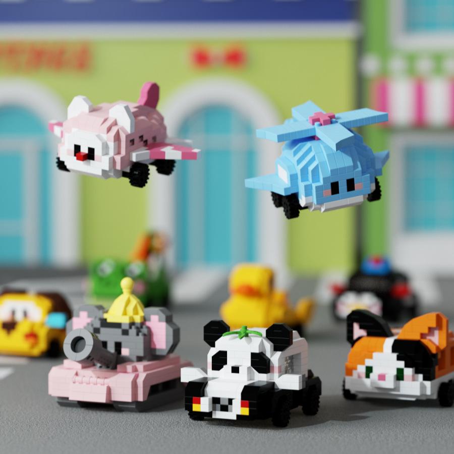 Cute Small Fleet Cartoon Animal Doll Toy Building Blocks Set with Planes Tanks Cars - Educational Puzzle Assembly Kit for Kids