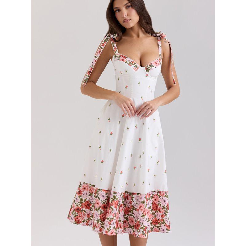 Orange Sunset House Same Style French style Pastoral Style Gentle Patchwork Floral Bow Lace-up Sling Dress