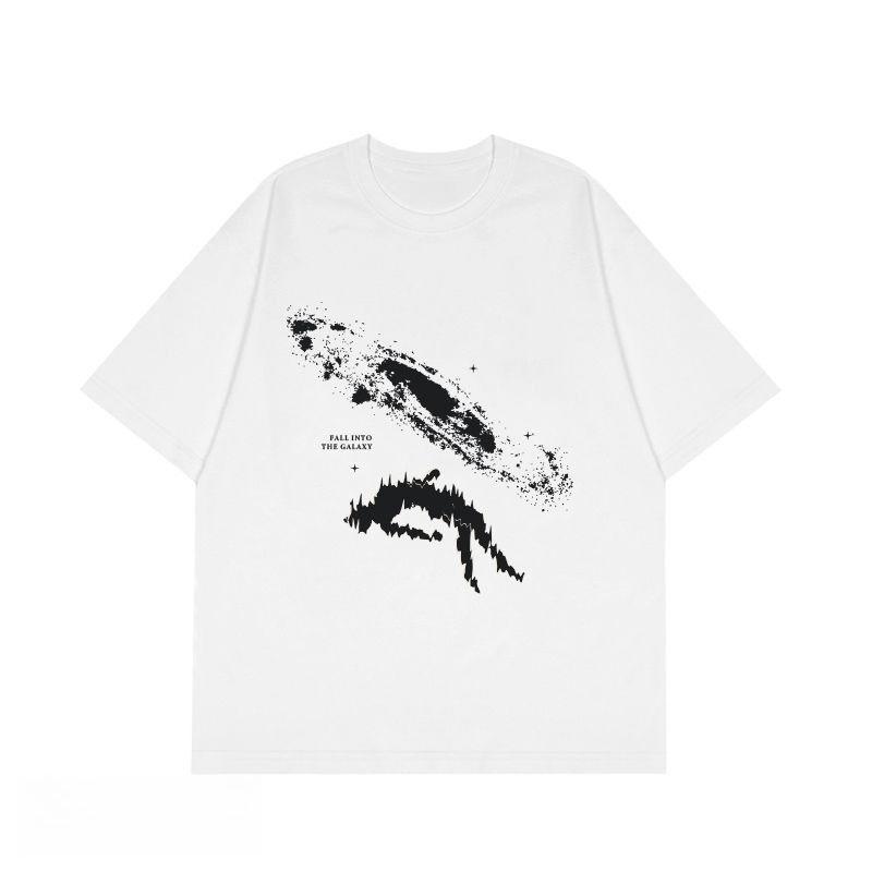 Höst- och Vinter Herr- och Dam Nisch Fallande Rymdtryckt T-shirt Ren Bomull Rund Hals Högkvalitativ Kortärmad T-shirt