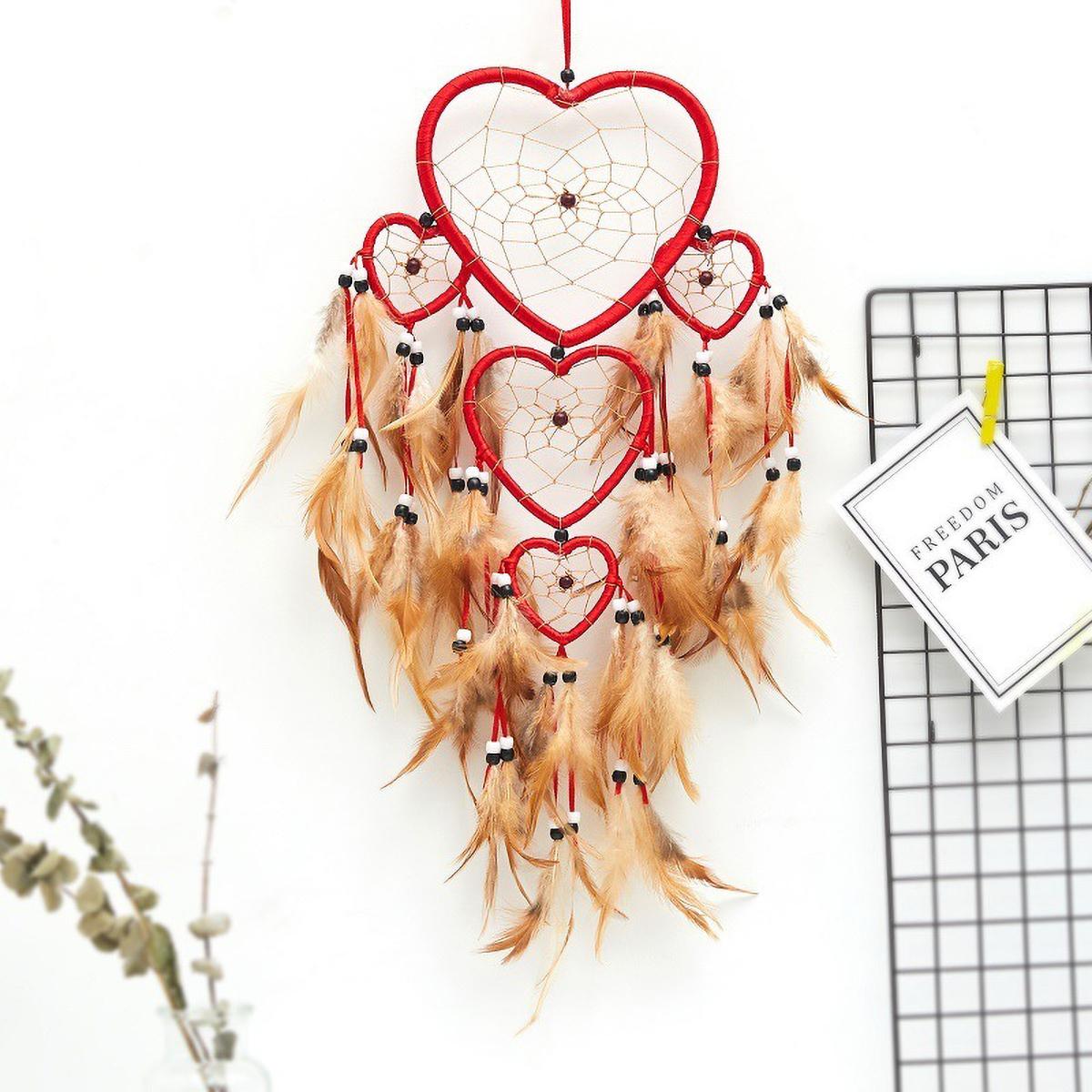 

Native Inspired Peach Dreamcatcher - Five Ring Hanging Decor, Retro Home Accent Piece