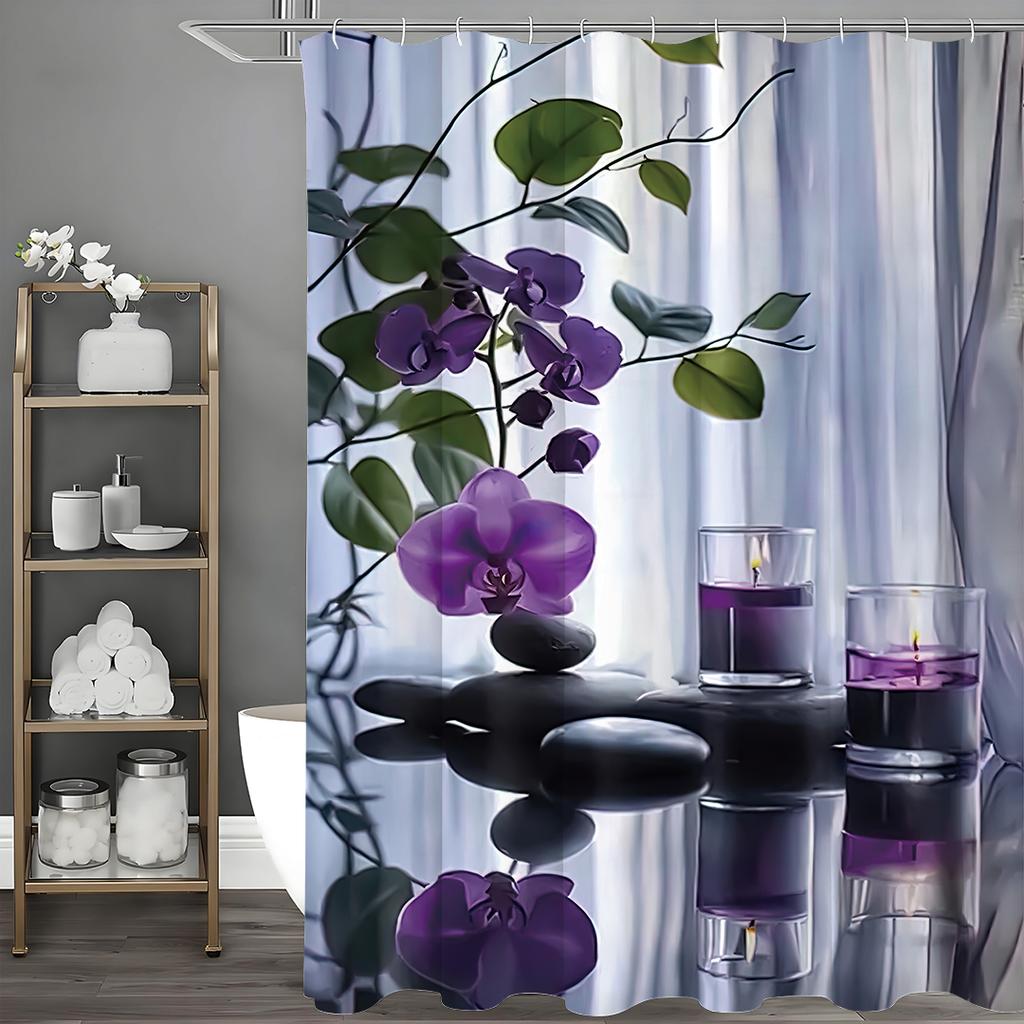 Zen Spa Léčivý Černý Kámen a Wisteria Sprchový Závěs, Koupelnový Dekorativní Sprchový Závěs, Vodotěsný Sprchový Závěs s Háčky