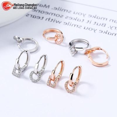 Geometric Zircon Inlaid Round Earrings for Women, 925 Sterling Silver, Korean Style.