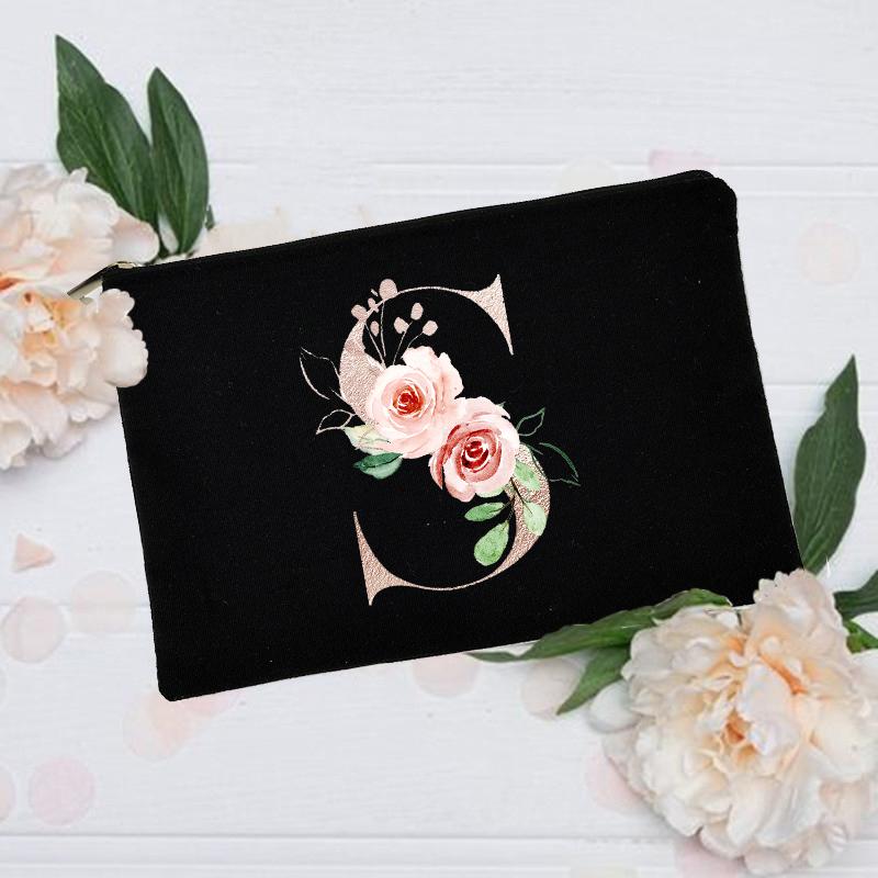 Borsa per il trucco floreale con alfabeto, damigella d'onore, damigella d'onore, festa, matrimonio, addio al nubilato, regalo, in tela, con cerniera, per cosmetici