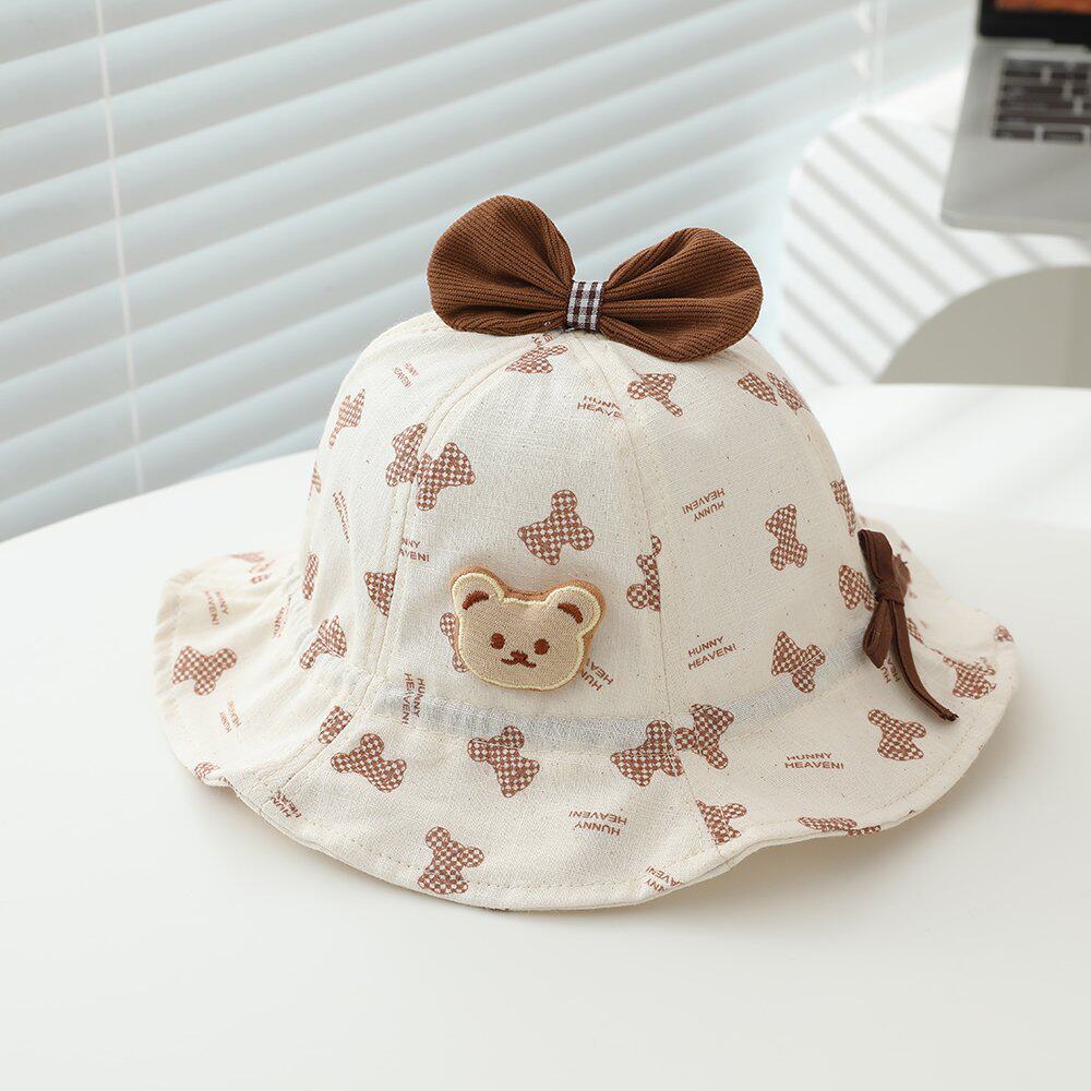 Baby Cotton Cap 46cm 3-12 Months Cartoon Bear Fisherman Hat Spring Summer Infant Toddler Cute Floppy Bow girls Sun Hat