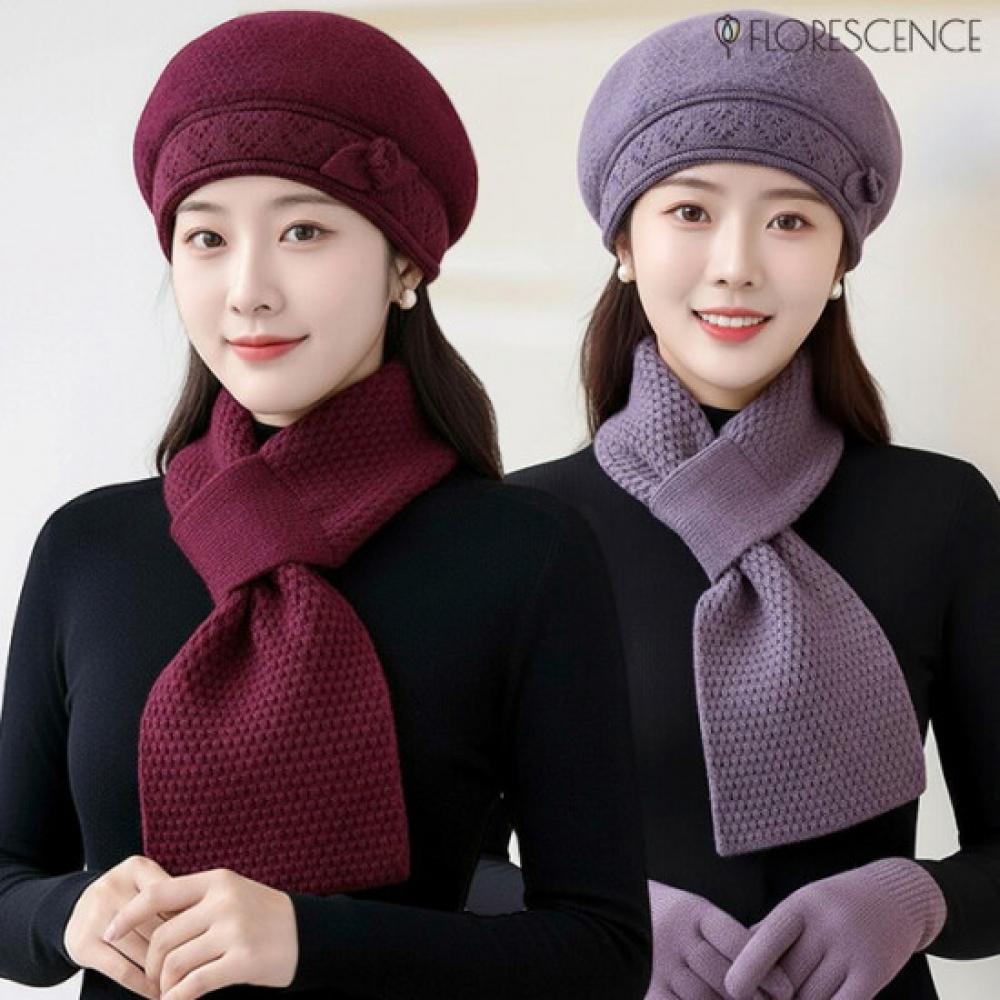 Florosence Cozy Fleece Thick Beret + Scarf Set 2 Types Color Selection