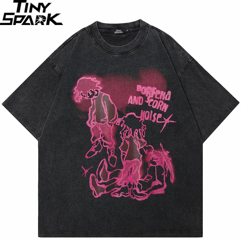 Men Washed Black TShirt Harajuku Streetwear Anime Cartoon Graphic T Shirt Cotton Retro Tshirt Hipster Tops Tees Unisex YK