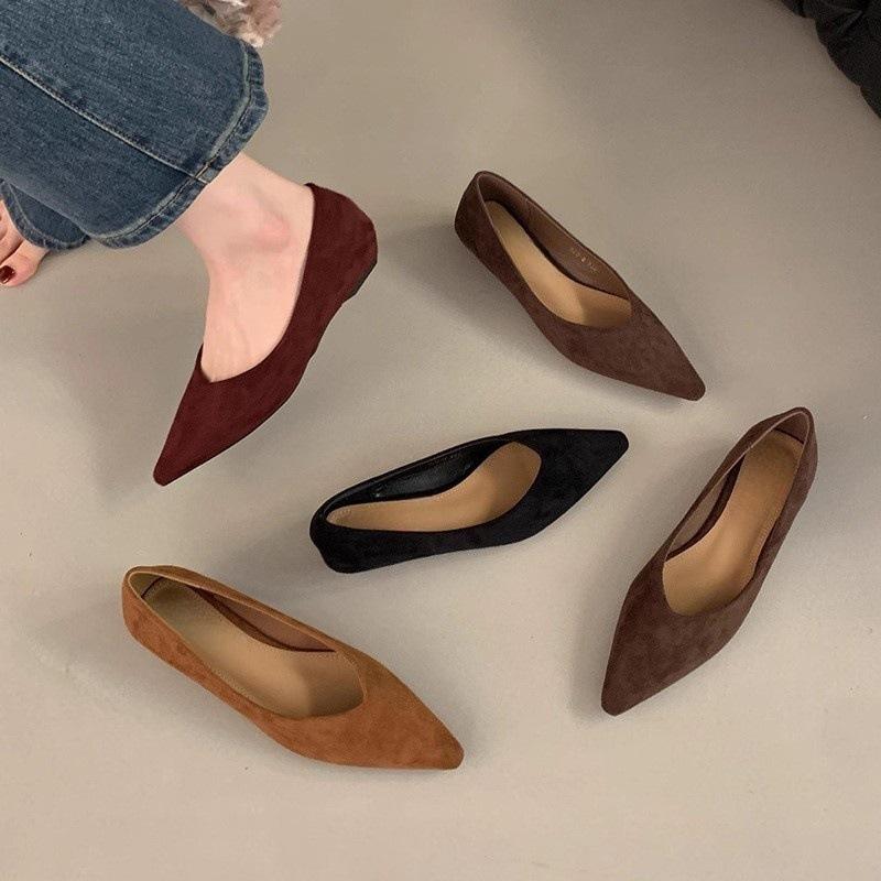 Evening wind temperament pointed head shallow mouth single shoes women's spring and autumn suede commuting casual thick heel one pedal women's shoes