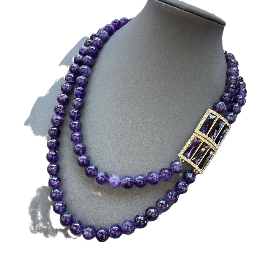 Elegant Double-Layer Agate Beaded Long Necklace Sweater Chain High-Quality Natural Amethyst Diamond Stud Earrings Set