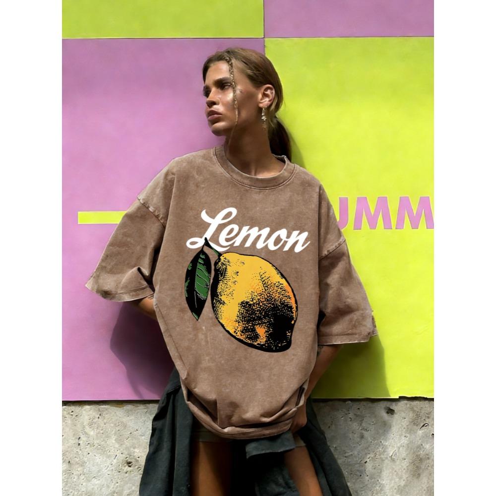 Natural Fresh Lemon Fruit Print Women Washed T Shirt Cotton T-Shirts Vintage Loose Short Sleeves Breathable