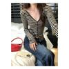 Early Autumn Chic Striped V-neck Long-sleeved Cardigan T-shirt for Women New Slim Fit Korean Style Single Top