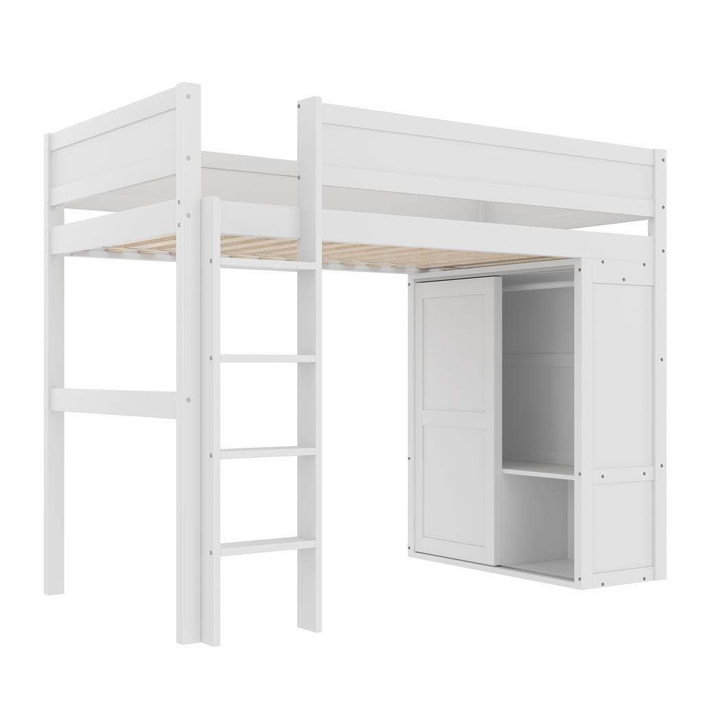 90*200Cm loft bed, versatile children's bed, equipped with wardrobe, storage compartment, open under-bed space, without mattress, pine wood, white