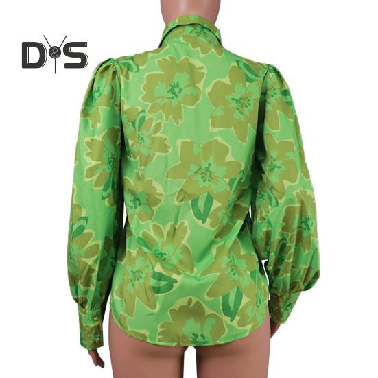 Damska koszula z klapami, bufiastymi rękawami, topy z kwiatowym nadrukiem, jednorzędowa, luźna, cienka bluzka odzież robocza