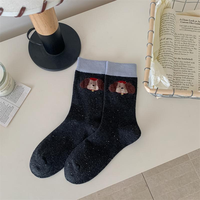 Sweet Plush Dog Student Mid-calf Socks for Girls Autumn and Winter School Style Cute Polka Dot Lace Pile Socks