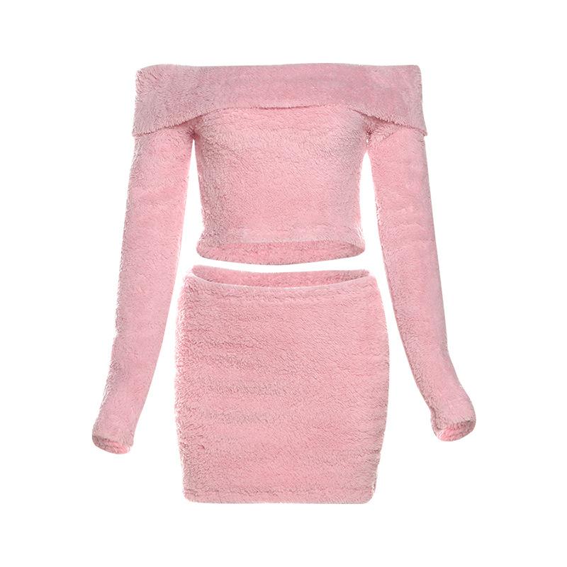 

Новая осенне-зимняя женская одежда Футболка с коротким мехом на одно плечо Женская юбка-бедра Повседневный костюм M розовый