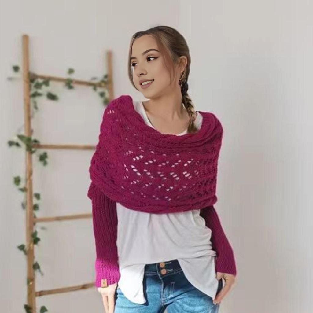 Bufanda tipo chal de punto con mangas, de color liso, con patrón de crochet, estilo bohemio, para mujer