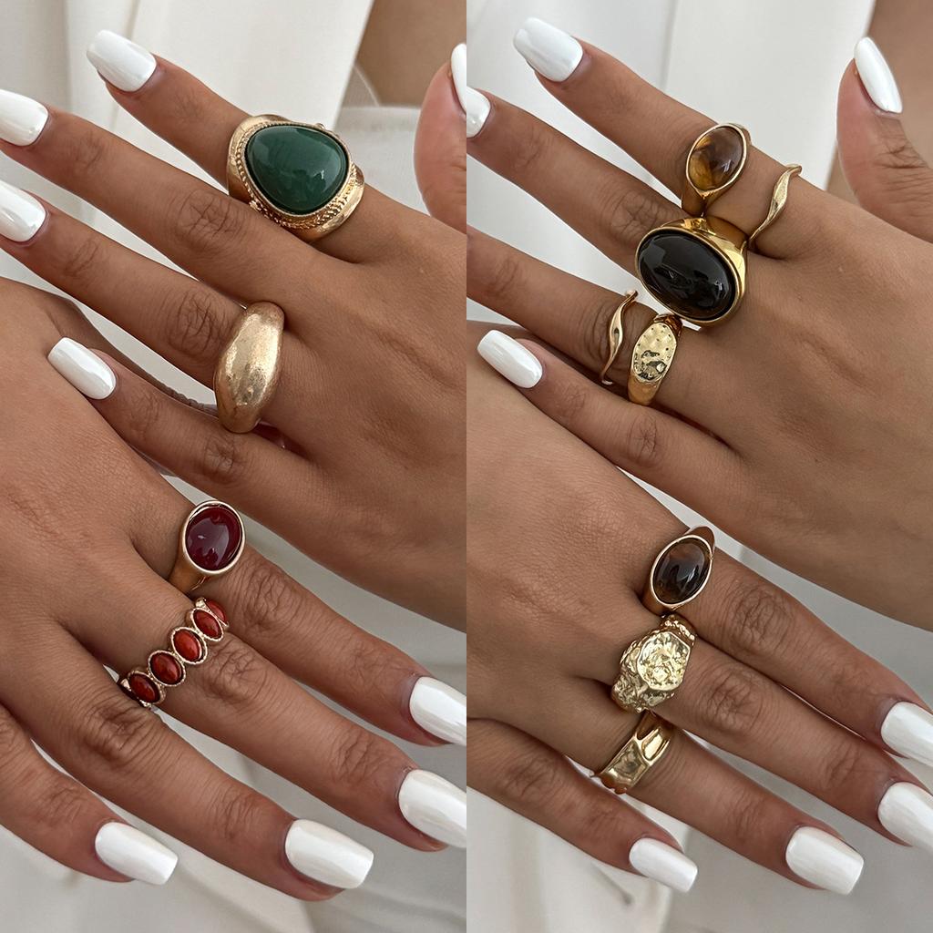 INS Hong Kong Style Retro Gemstone Open Ring Set Light Luxury Simple Irregular Ring