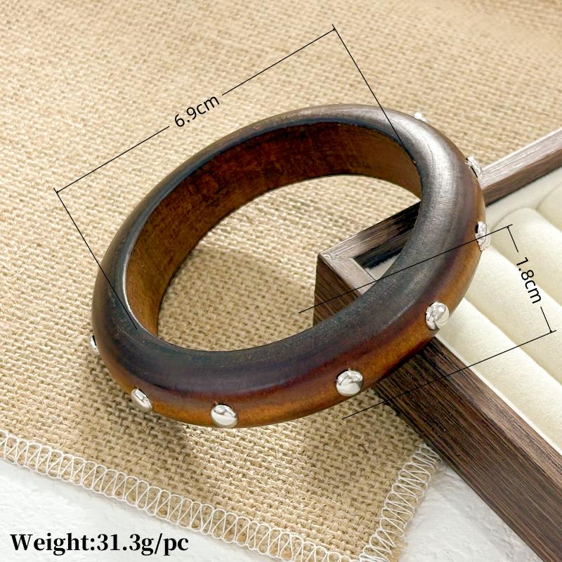 Vintage Ethnische Holzarmspange für Damen Punk Geometrisch Nietenperlen Breite Armreifen Übertriebener Handschmuck